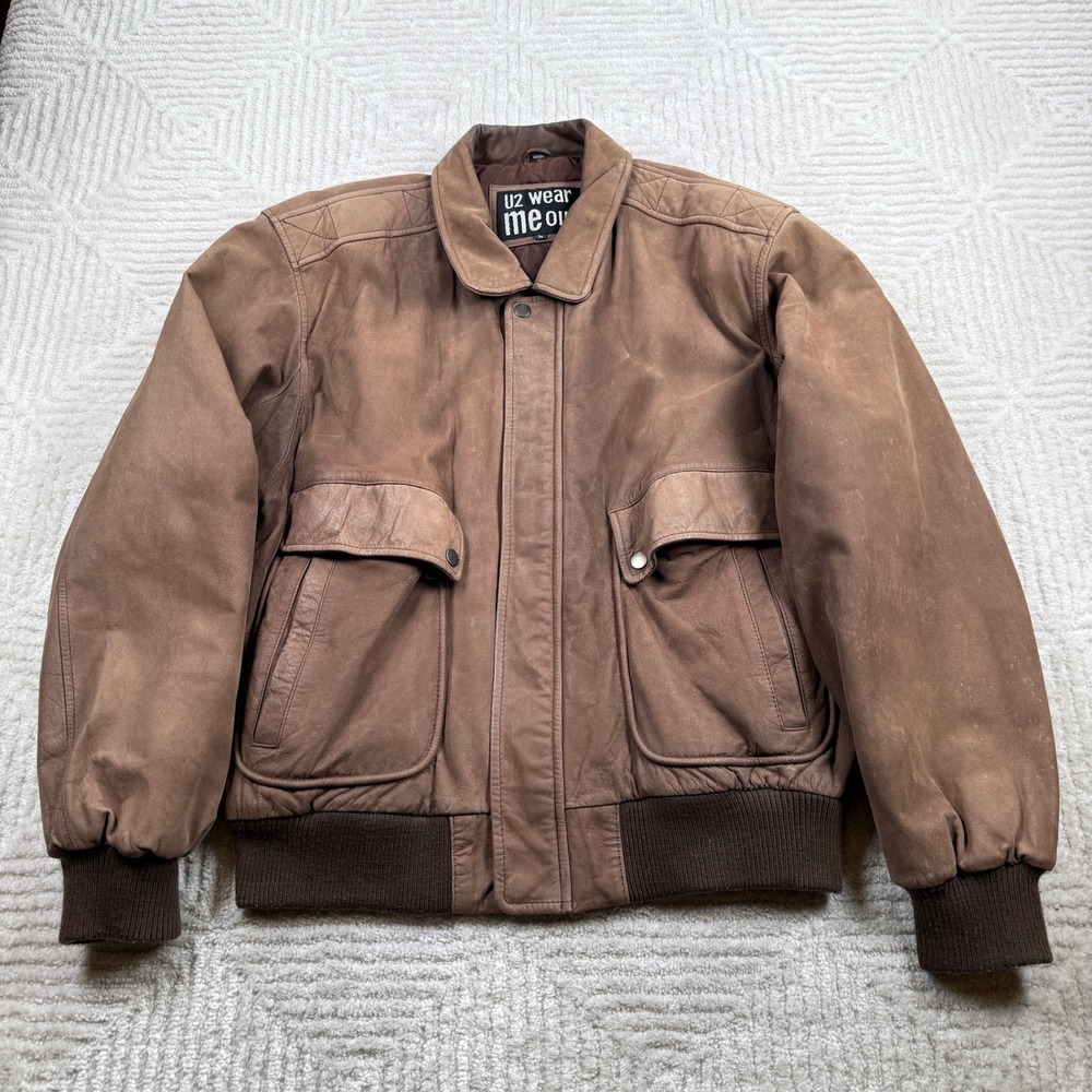 U2 Wear Me Out Bomber Jacket Men's L Brown Leather Bomber Aviator Vintage 90s